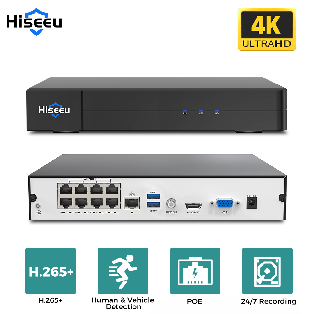 Home Security Camera - เครื่องบันทึกวิดีโอเครือข่าย Hiseeu 8CH 4K PoE NVR