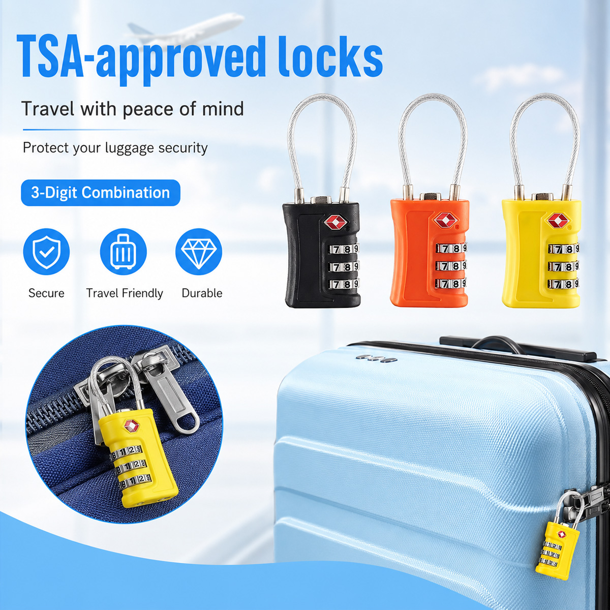 Home Security Adt - TSA ได้รับการอนุมัติสำหรับล็อคกระเป๋าเดินทาง 3 หลัก รหัสผ่านแบบสายเคเบิลสำหรับกระเป๋าเดินทาง กระเป๋าเดินทาง